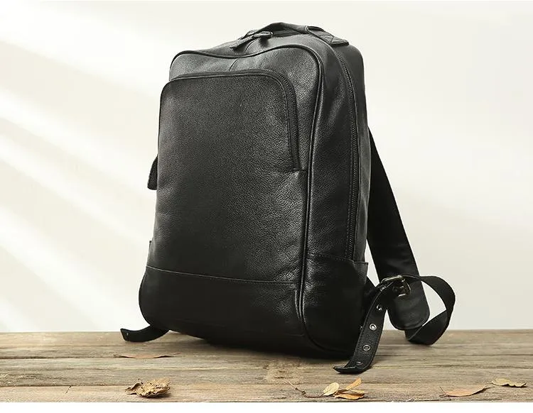 Black Fashion Mens Leather 15-inch Business Computer Backpacks Laptop Backpacks Black College Backpack for men