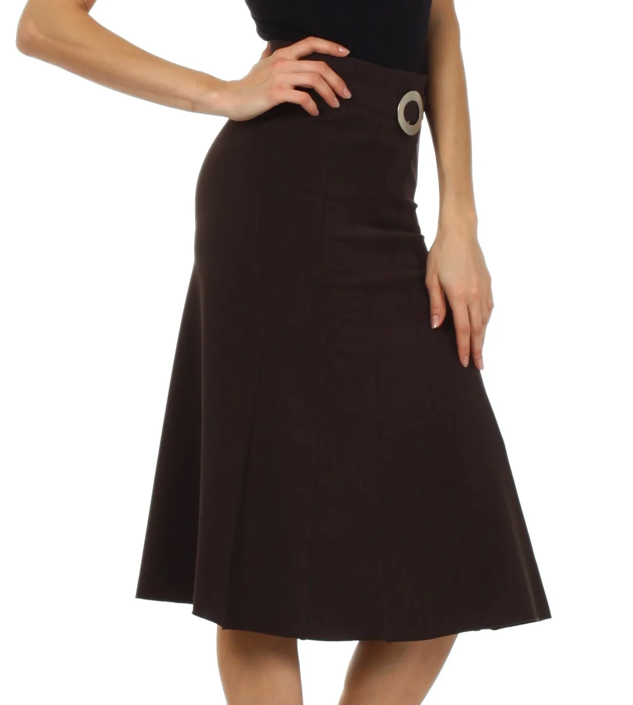 Knee Length Flared Skirt with Seaming and Belt Detail