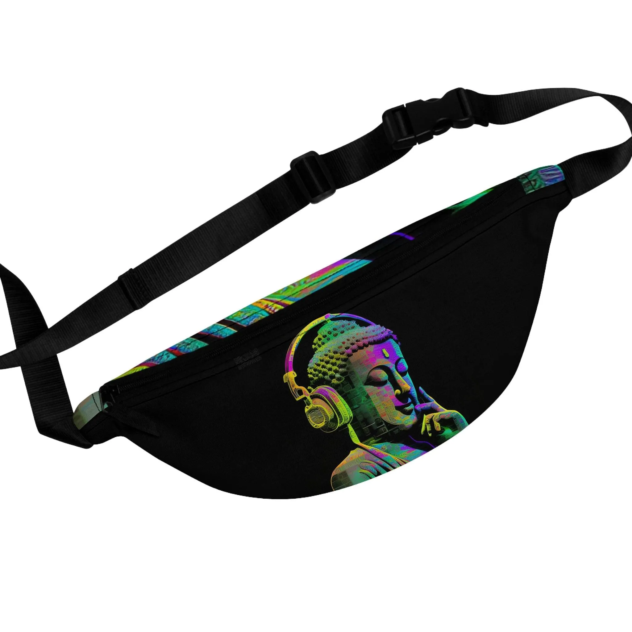 Subtle Smiling Buddha with Headphones Meta Zen Music Tribal Fusion Fanny Pack - Digital AI Art