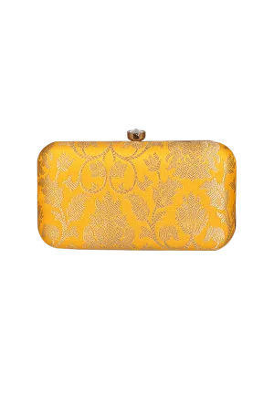 Sunshine Yellow Brocade Box Clutch with Sling (8 X 2 X 4.5)