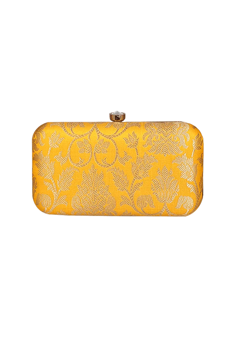 Sunshine Yellow Brocade Box Clutch with Sling (8 X 2 X 4.5)