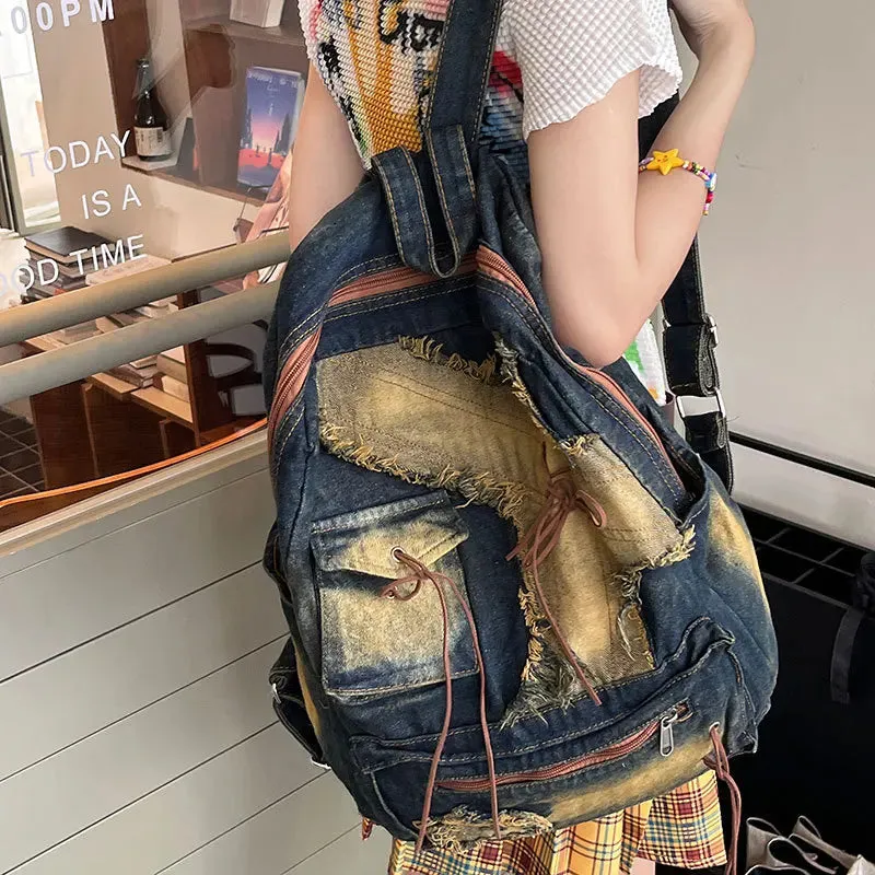 TAVIMART  -  Washed Denim Womens backpack Large Capacity y2k Hot Fashion Designer big Travel Bag Girls  Daypack bagpack casual commuter bag