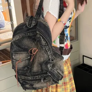 TAVIMART  -  Washed Denim Womens backpack Large Capacity y2k Hot Fashion Designer big Travel Bag Girls  Daypack bagpack casual commuter bag